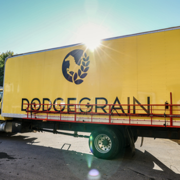 Bright yellow truck with "Dodge Grain" text and horse logo against sunlit sky. The sunlight creates a lens flare effect, adding vibrancy.